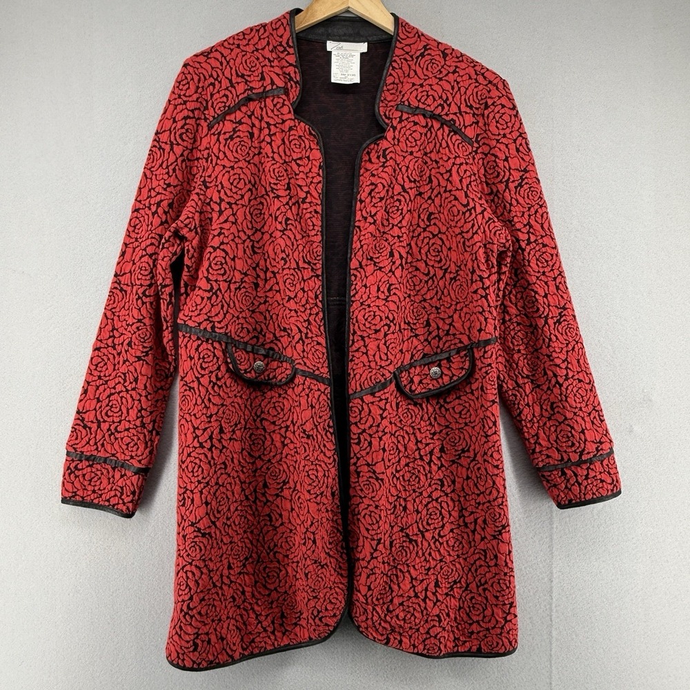 Zoe Sweater Jacket Women Large Red Black Rose Print Open Front 5M-2130 Canada